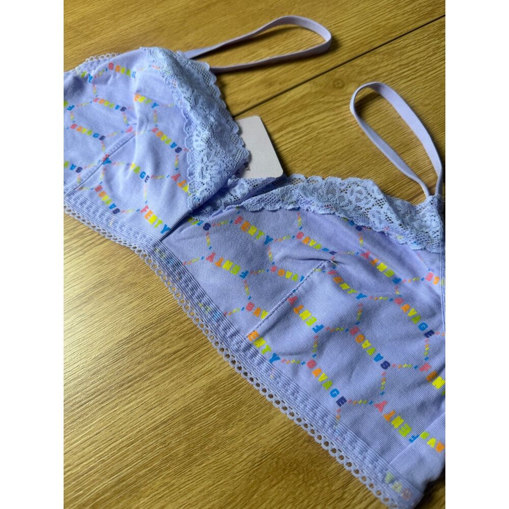 NWT Savage Fenty Rainbow Logo Print Bralette Lavender Soft Lace Spaghetti Medium - Picture 6 of 6